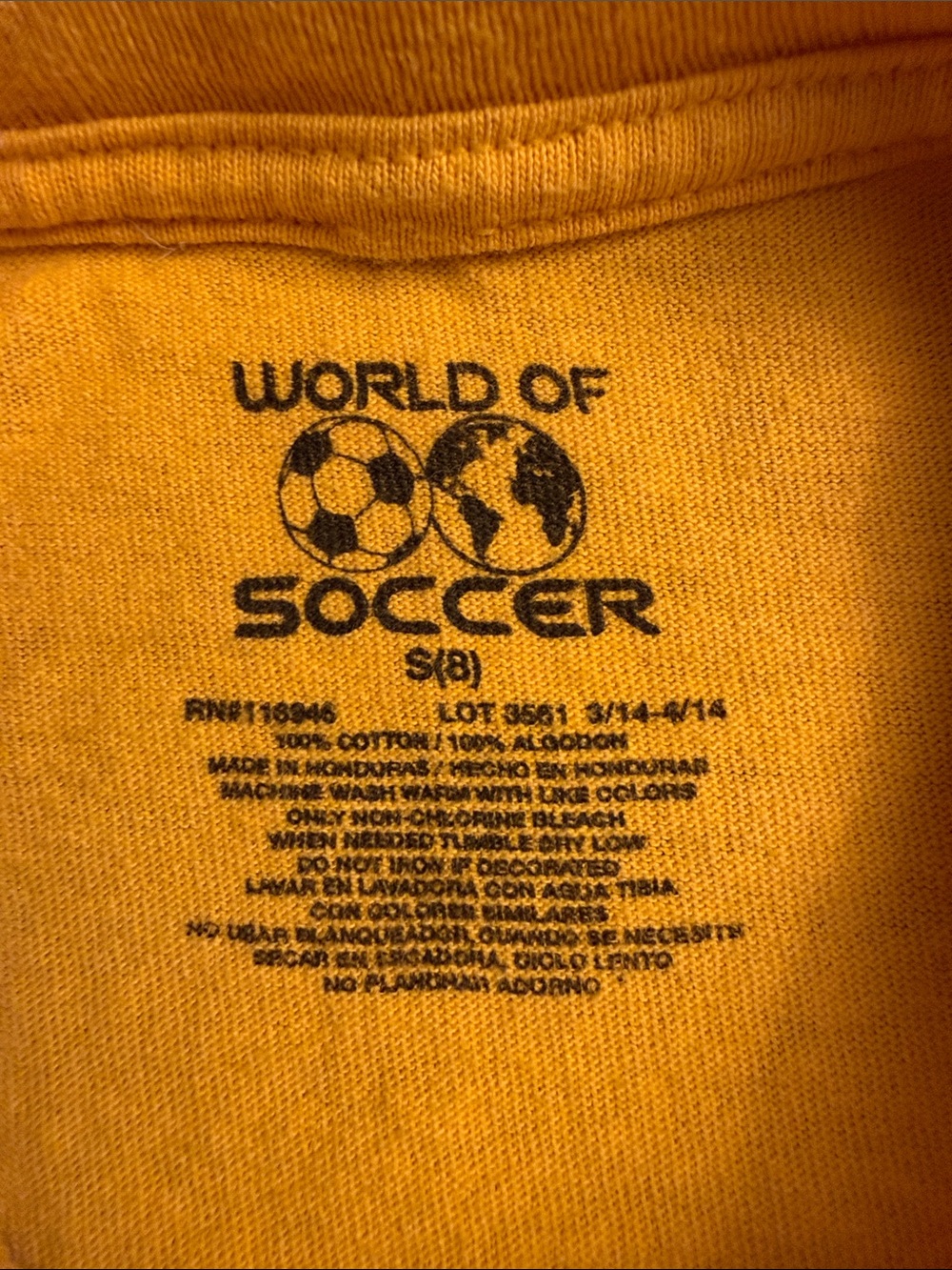 World of Soccer Brasil Liga de Futbol Yellow with Navy Kids Soccer Tee (S/8) - Picture 4 of 4